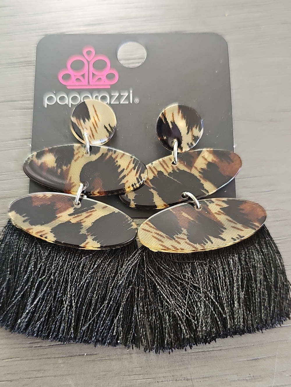 paparazzi Black and Brown Leopard Tassel Drop Earrings